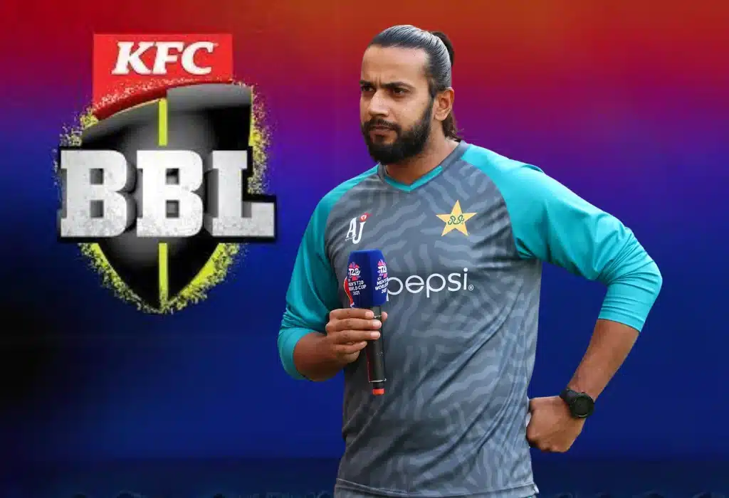 a cricketer named Imad Wasim standing holding a mic to answer the questiong and a big bash league logo is appearing the left side