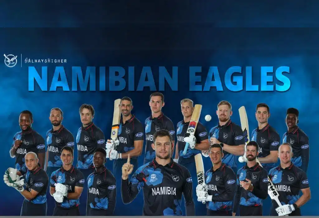 Namibia cricket players posing for a photoshoot in the poster