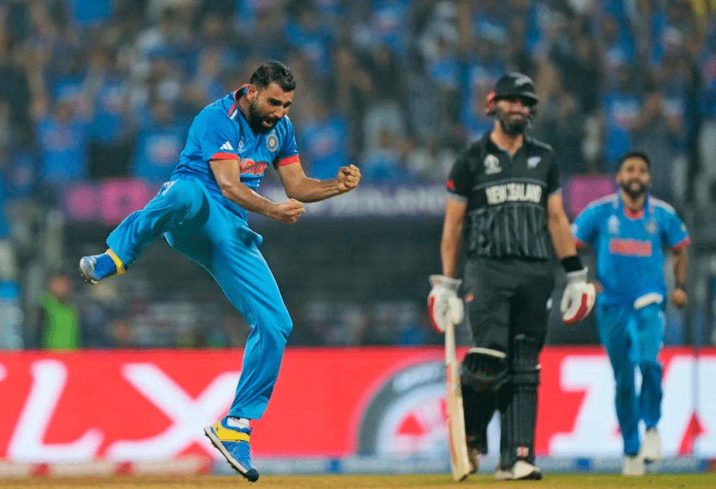 Muhammad Shami celebrating on the field after taking wickets against New Zealand