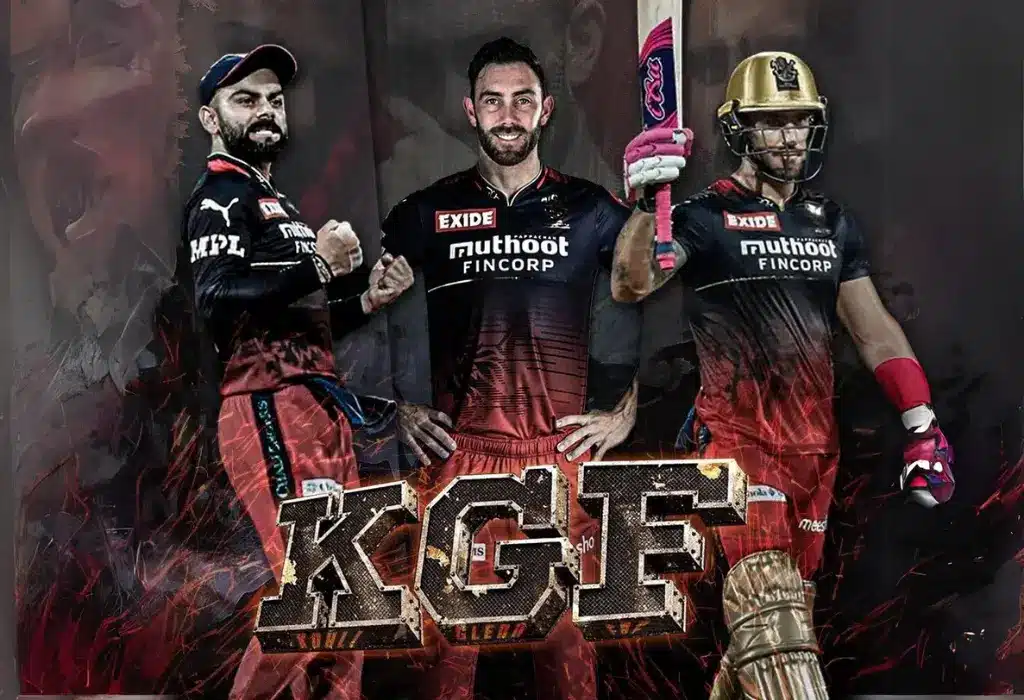 Three players in one image, Virat Kohli, Glenn Maxwell and Faf Du Plessis wearing RCB uniform